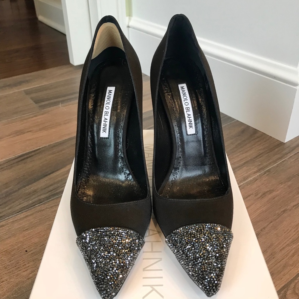 Manolo Blahnik "Crystalbi" Satin Crystal Cap Toe Pumps - MSRP $1095